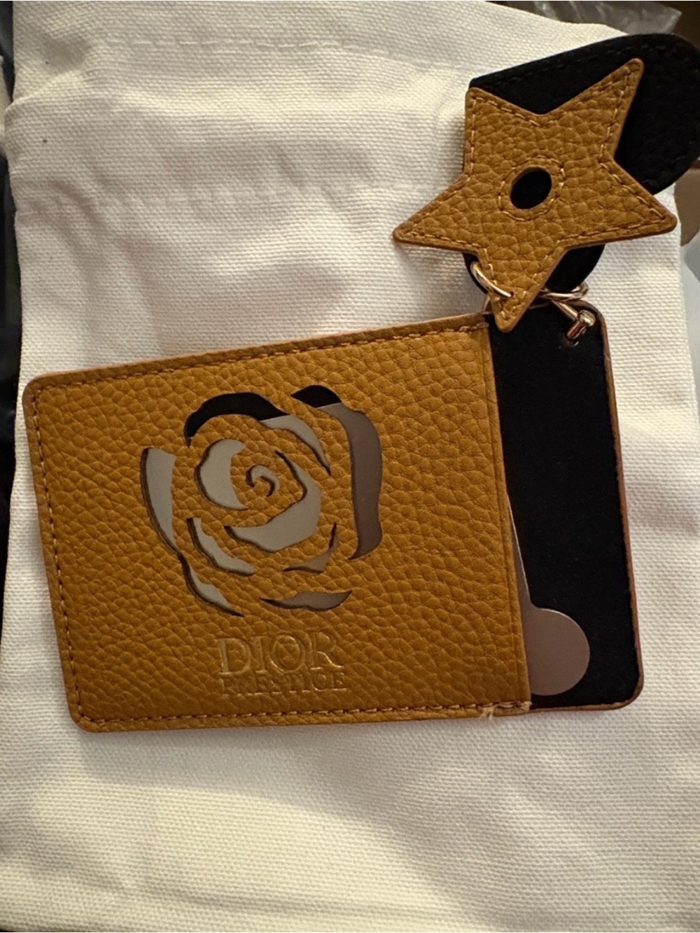 Dior Tan Leather Card Holder with Rose Cutout and Star Charm - Picture 3 of 4
